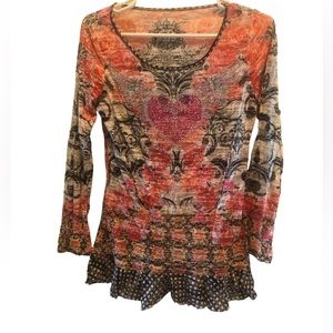 V Cristina Pink Floral Tunic with Blingy Heart & Wings Women's Size S